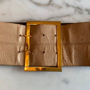 VTG Wide 70's YSL Tan Leather Belt XL Gold Buckle Waist 25"- 28.5" Reversible